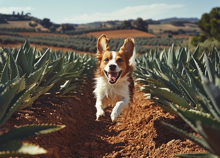 Podengo portugais dans champs d'aloe vera