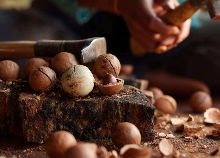 Femme qui casse des noix de macadamia