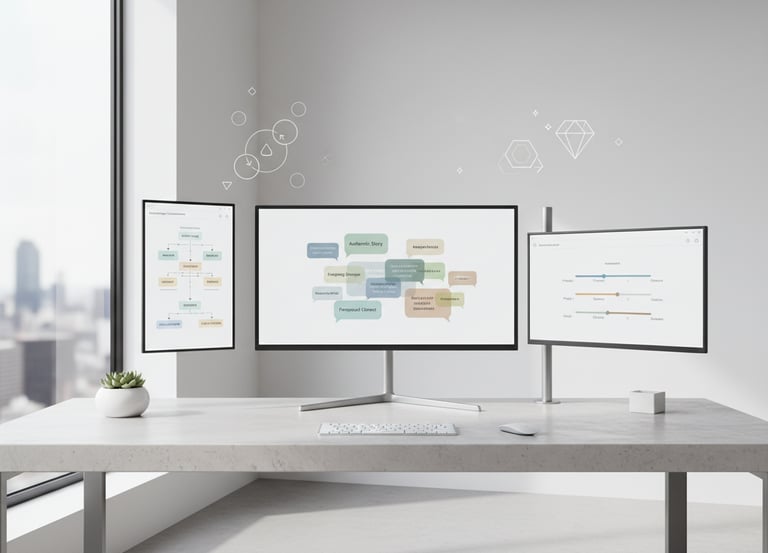 Sophisticated, minimal digital workspace with multiple screens displaying text bubbles, messaging fr