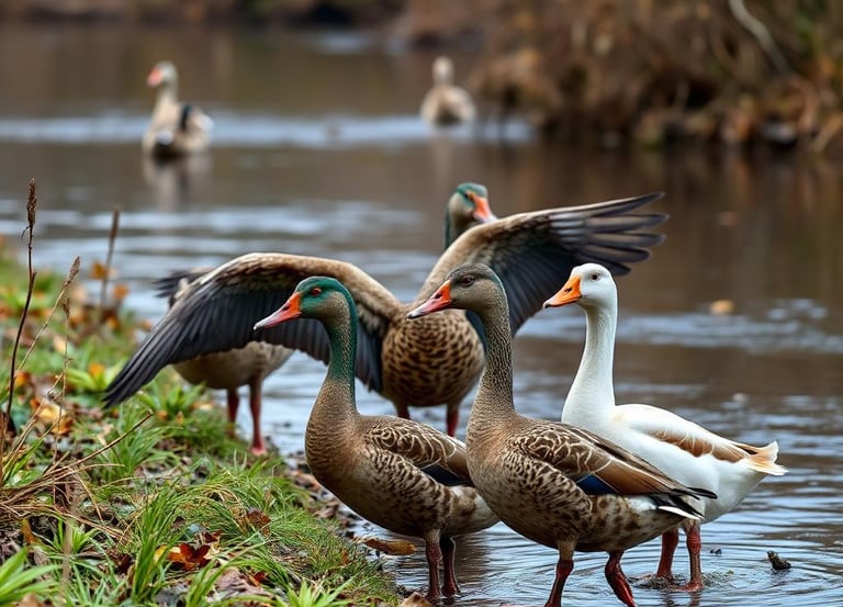 A group of colorful ducks and a white goose standing at the grassy edge of a calm pond.