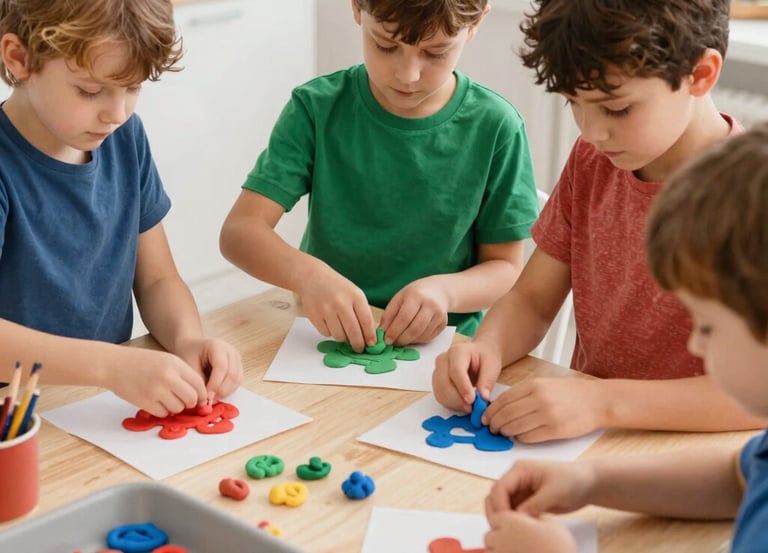 A calm, bright therapy room with colorful art supplies arranged neatly for children.