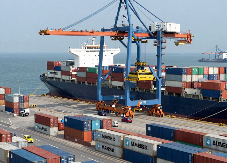 A busy port scene features numerous stacked shipping containers of various colors and labels, such as Maersk and Hamburg-Süd. A large cargo ship is docked alongside a pier, loaded with more shipping containers. Cranes and industrial machinery are actively engaged in loading or unloading the containers. The sea provides a calm backdrop, while the port infrastructure includes paved roads and parking areas with vehicles scattered around.