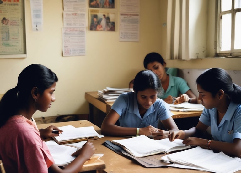 Seven women are standing in front of a brick wall, smiling and making various hand gestures. The woman in the center is wearing a white dress and holding a bouquet, while the others are dressed in various casual and semi-formal attire. There are signs on the wall behind them that say Thank you for clearing your own plates and Please maintain social distancing. Do not join the tables.