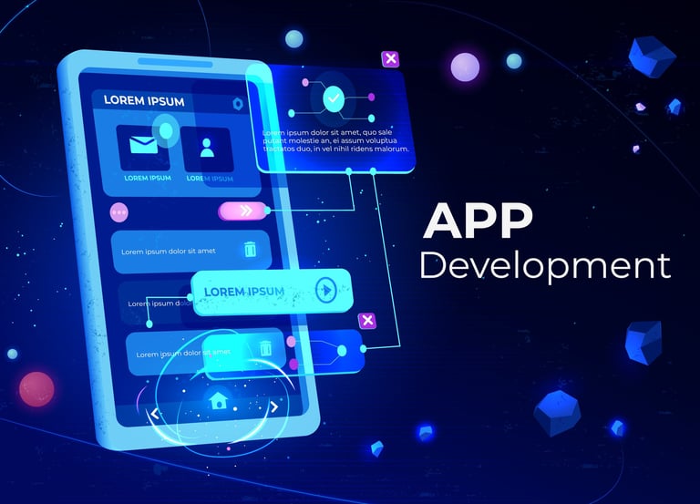 a smartphone phone with a blue background and a text that says app development