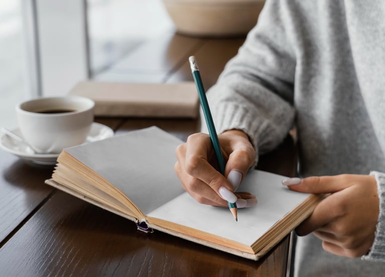 a person holding a pencil and writing on a notebook