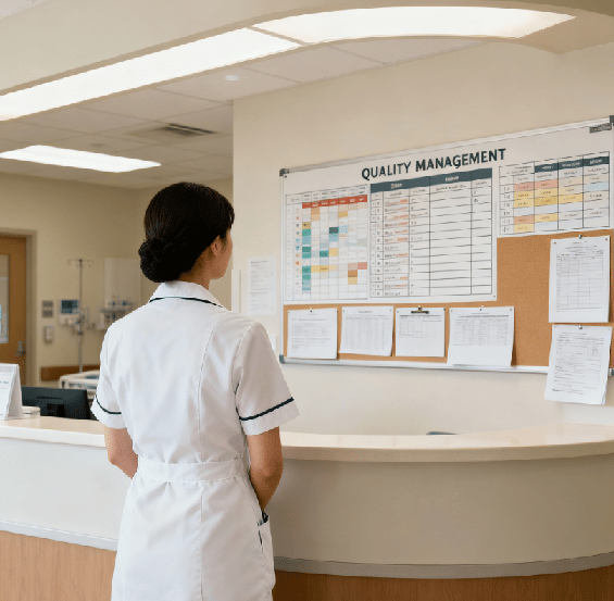 Imagem da enfermagem de frente para o mural da gestão da qualidade