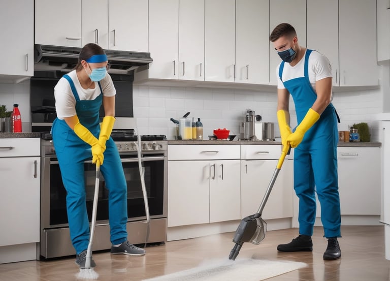 A team of cleaners working diligently in a bright, spotless room.