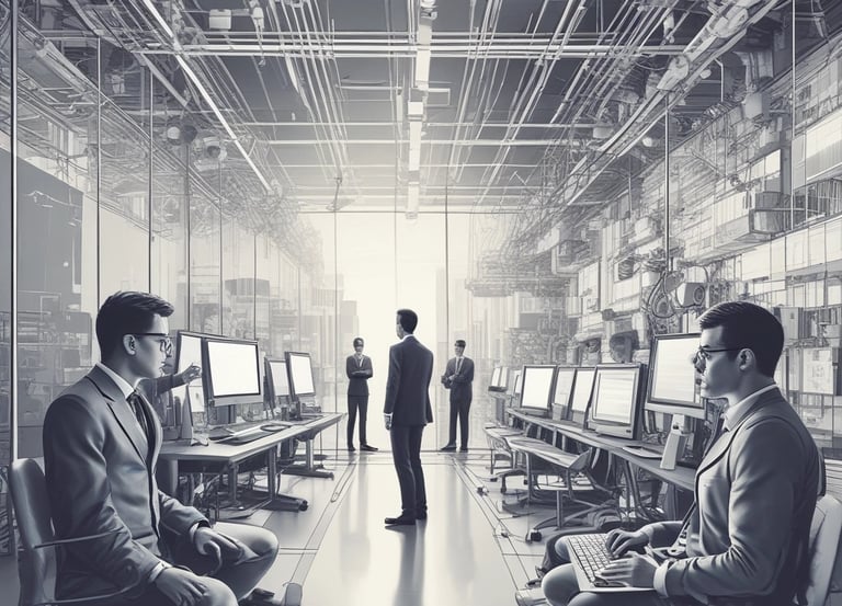 A dimly lit room features a prominent illuminated sign displaying the words 'Sysco LABS.' Below the sign are office desks with various electronic devices, including laptops and cables. The lighting creates a cool and professional atmosphere.