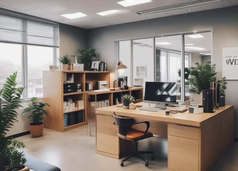 Several moving trucks from Divine Moving & Storage Ltd are parked along a street lined with trees. The trucks are large and blue, with company logos and contact information visible. A painting detail is incorporated into the truck design. The street has a sidewalk with some water reflecting the surroundings.