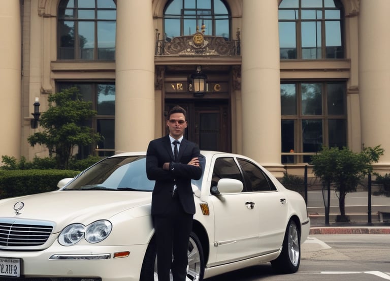 A vintage vehicle is inside a garage or station, with a suitcase on its roof. A sign reading 'FOR HIRE' is illuminated at the front. The background shows steel beams and a hanging light fixture, suggesting an industrial or rustic setting.