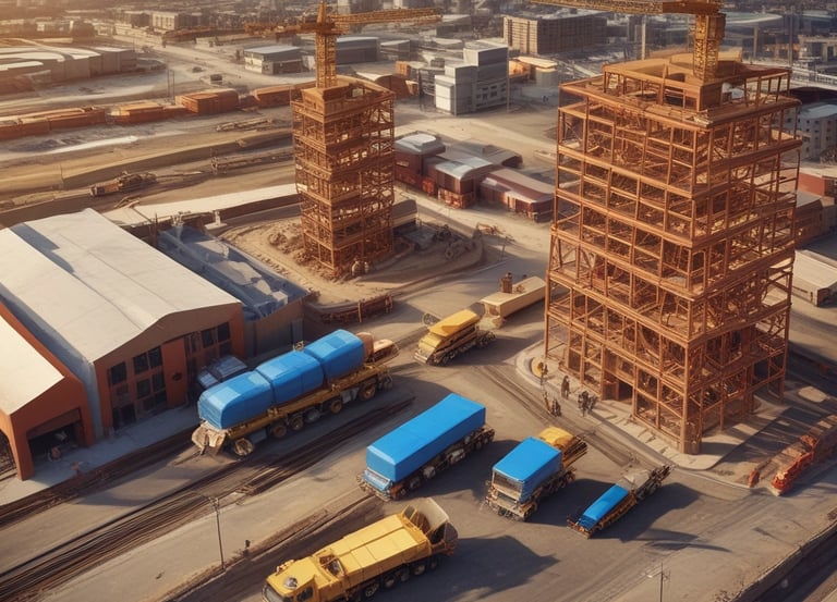 A team of engineers and construction workers collaborating on a large infrastructure site under clear skies.
