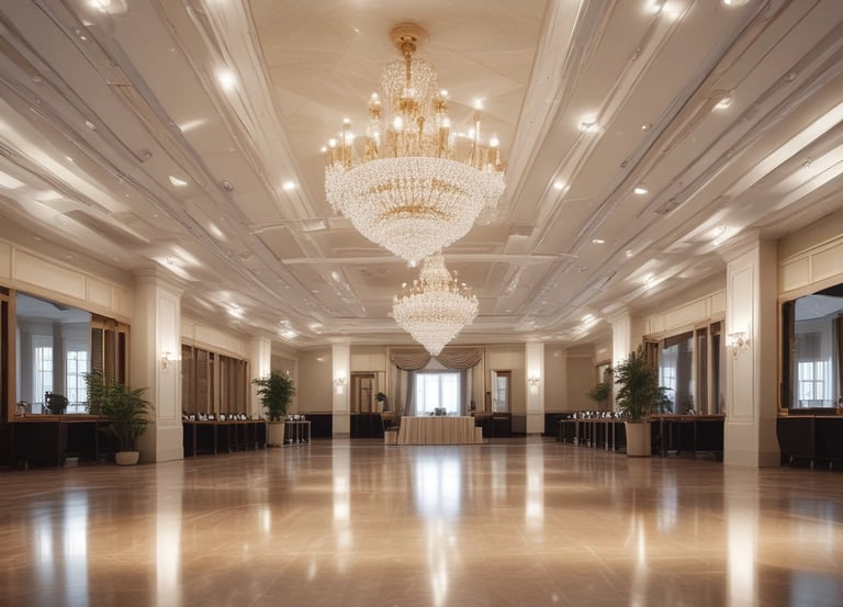An elegantly decorated event hall featuring grand chandeliers and white floral arrangements. The symmetrical design includes an archway with soft pink lighting and a stage area adorned with decorative columns and flowers. Tables with white chairs are arranged along the sides.