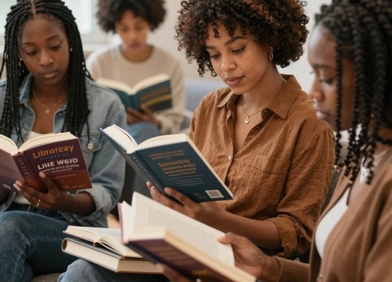 A diverse group of people engaged in reading and writing activities together.