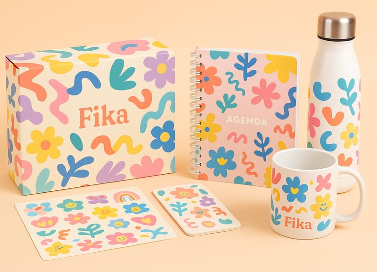 caja, cuaderno a5, botella, taza, stickers personalizado con diseños propios