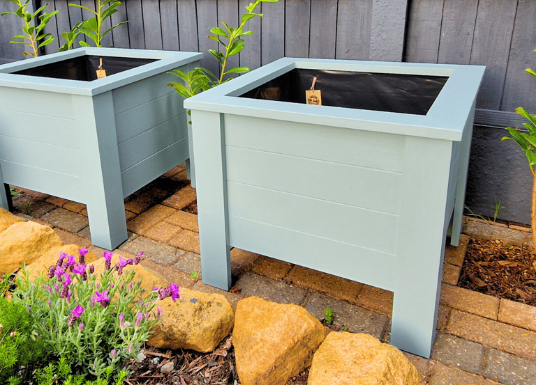 Versailles planter set wooden planters handmade in uk large square design on legs painted in farrow and ball blue c