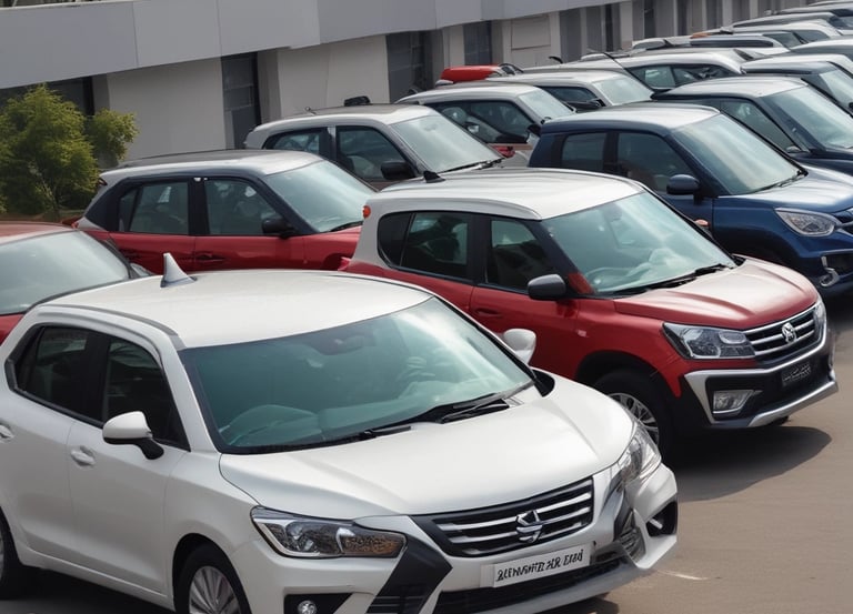 Several cars are parked in front of a dealership with a large window displaying the words 'Buy happy' and 'Brown's Fairfax Mazda'. The focus is on the cars in the foreground, while the dealership building is partially visible in the background.