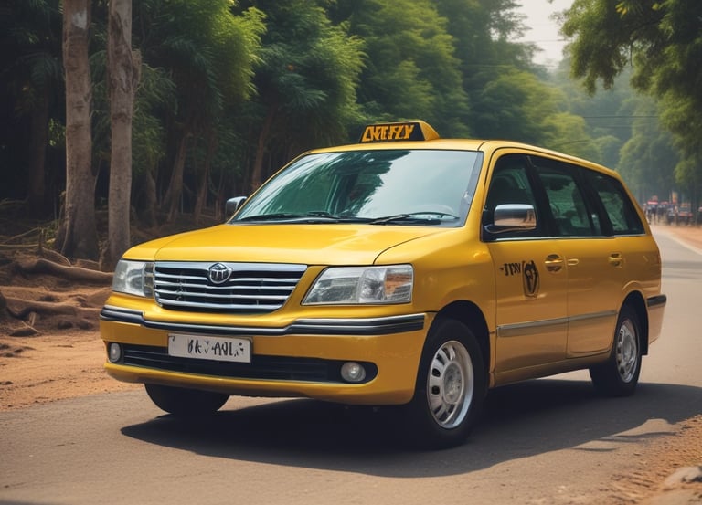 A clean, comfortable taxi parked by a lush green roadside in Vythiri.