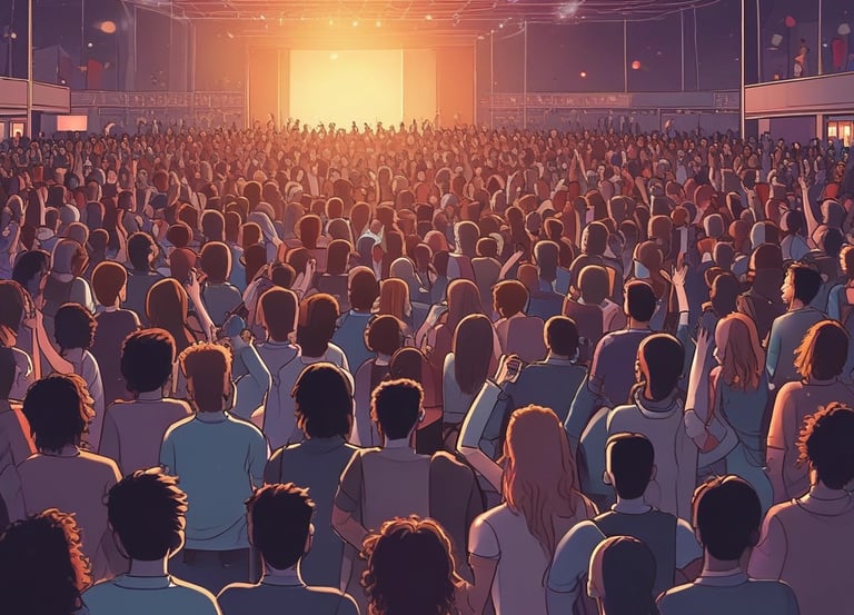 A large indoor event with a stage featuring bright screens and spotlights, attended by a substantial crowd. The venue has a high ceiling with industrial beams and red lighting accents. The atmosphere resembles a concert or a conference with a focus on visual effects.
