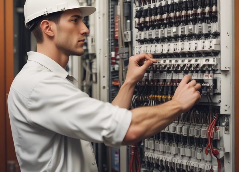 A construction site is depicted with exposed electrical wires protruding from a circular conduit in a rough concrete wall. The floor is covered in dust and debris, and there are multiple cables organized in a black mesh covering running along the floor.