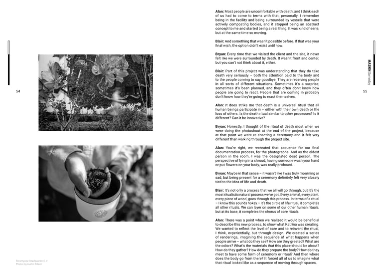 A magazine spread with a photo of a mural and hands touching soil