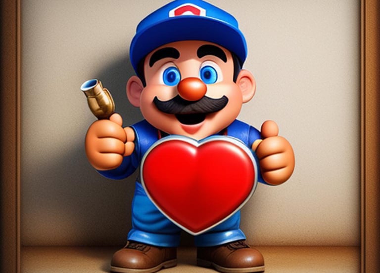 a cartoonish looking man holding a heart shaped object