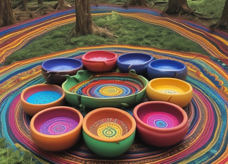A person is seated in a calm, meditative posture on a mat, with three golden singing bowls placed in front of them. A wind chime made of bamboo is suspended, adding a serene ambiance to the scene. The individual is dressed in black athletic wear.