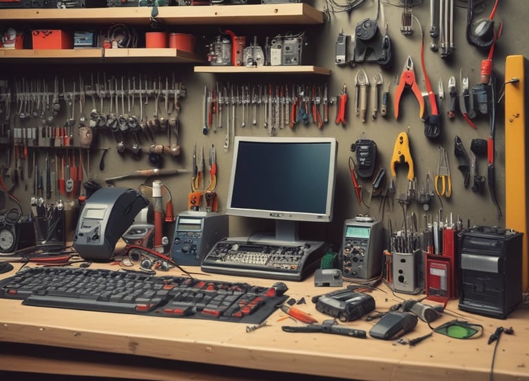 Organized electronics workbench with a computer monitor, repair tools, and vintage testing equipment.