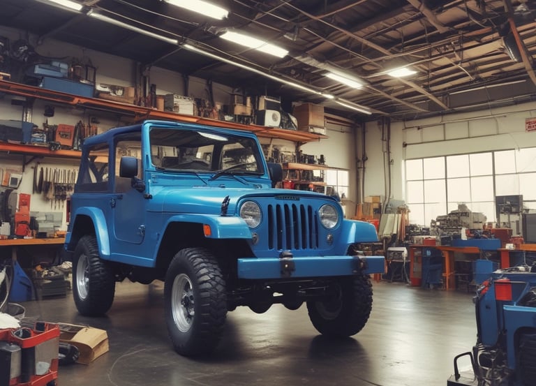 A friendly mechanic working on a car engine inside a cozy local auto shop.
