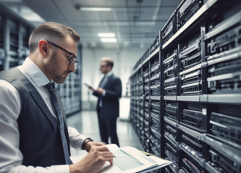 A modern workspace with a focus on technology. In the foreground, there is a black laptop with a distinctive logo placed on a table beside a smartphone propped on a stand. A man is sitting in the background, also using a similar laptop. The setting is minimalistic with a combination of white furniture and a textured brick wall.
