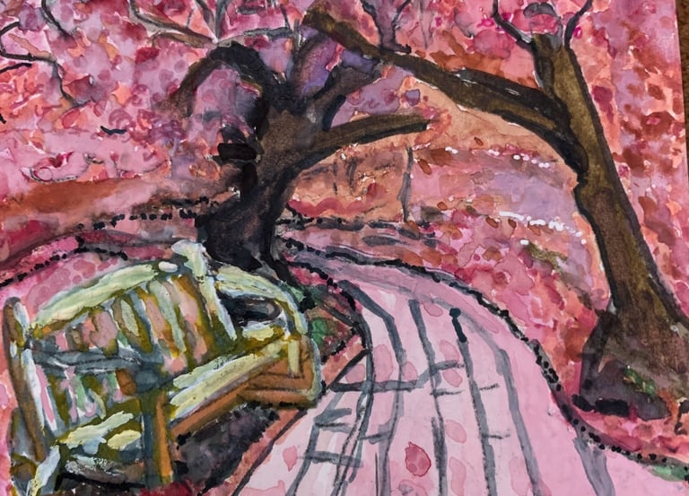 inks, watercolors and acrylic paints are the general medium used for each painting.