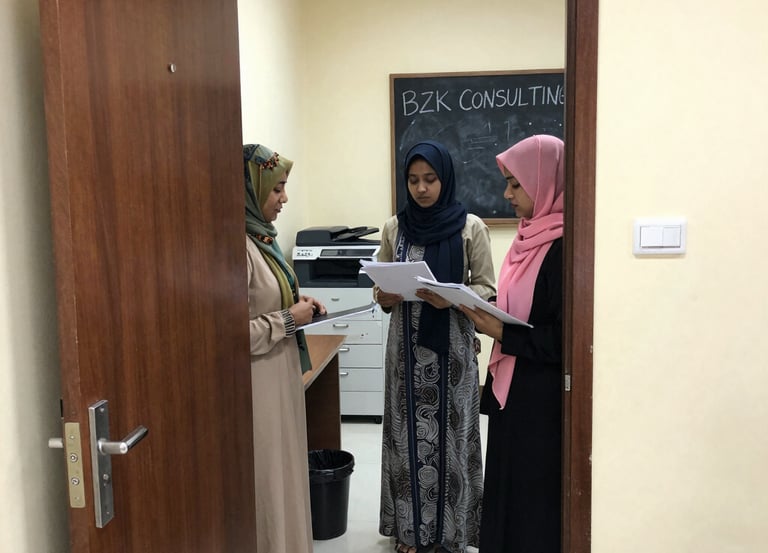A friendly consultant assisting a Turkish client with visa paperwork in an office setting.