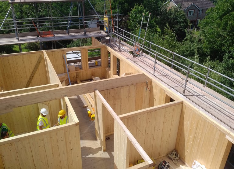 Structural timber building in HBE house building elements