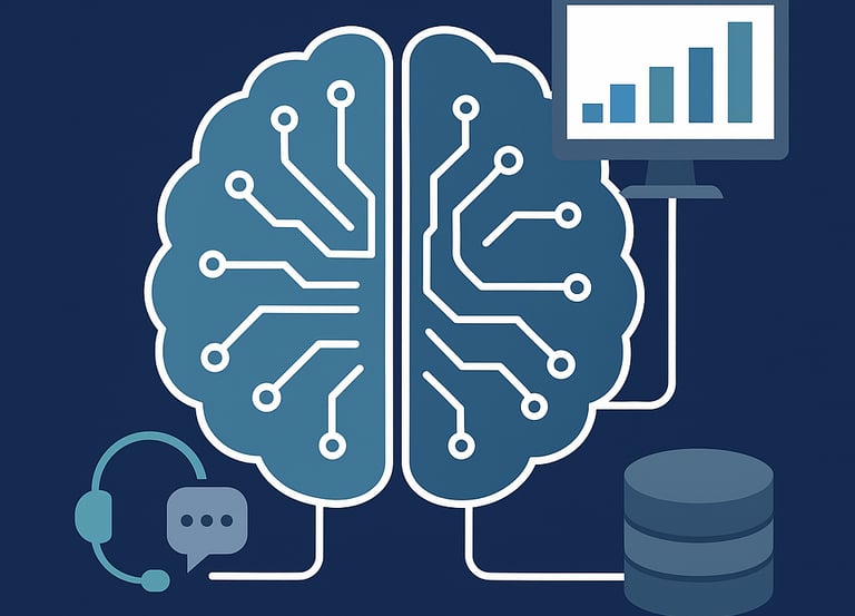 Grafik Künstliche Intelligenz – digitale Gehirnstruktur mit Daten, Chatbot und Analytics