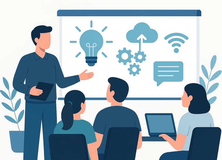 Illustration Schulung – Dozent erklärt Digitalisierung und Automatisierung in Workshop