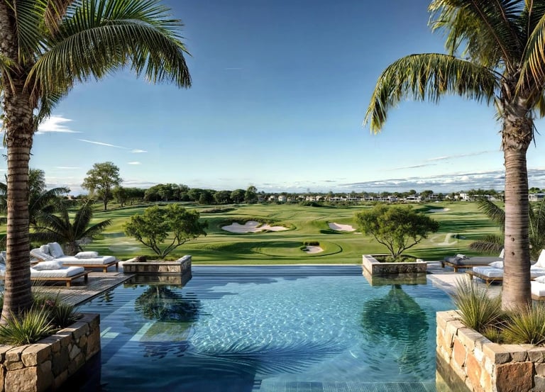 A luxurious residential area featuring a villa with a tile roof surrounded by palm trees and lush la