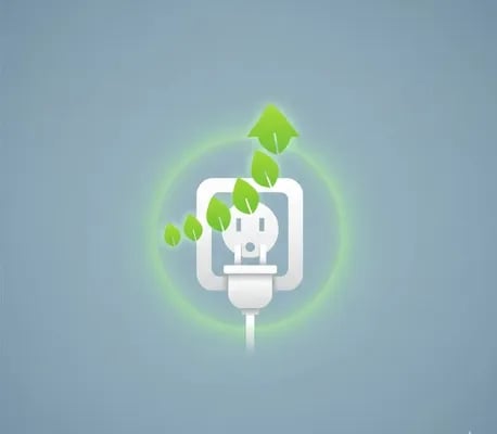 Fondo azul con la figura de una conexión en color blanco con un símbolo de ahorro en color verde den