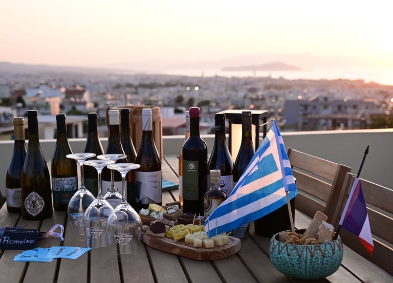 Greek wine bottles on a rooftop in chania