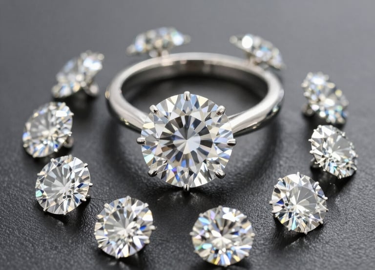 Close-up of sparkling natural and lab-grown diamonds arranged on a velvet cloth.