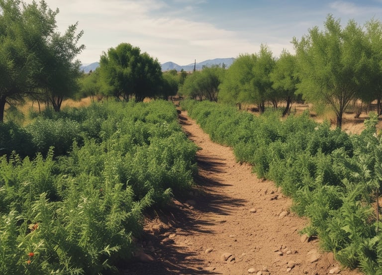 Volunteers planting trees together under a bright sky in a lush food forest.