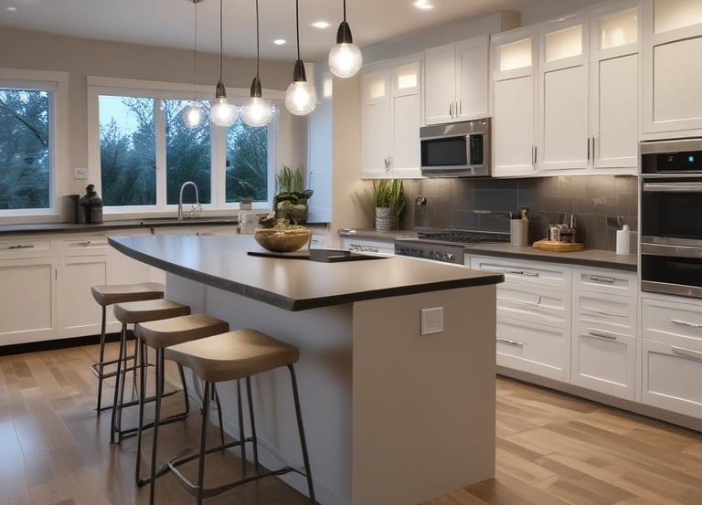 a kitchen with a large island and a bar stool