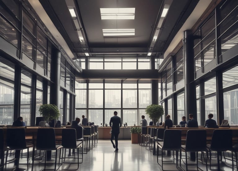 A car dealership showroom featuring several tables and chairs arranged for consultations or meetings. Two cars are prominently displayed indoors, while another is visible through the large glass windows. There are people engaged in discussions at one of the tables.
