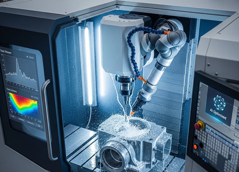 A multi-axis CNC machine at work on a complex