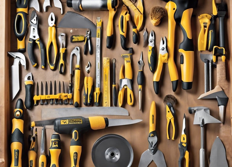 clothes iron, hammer, axe, flashlight and pitcher on brown wooden table