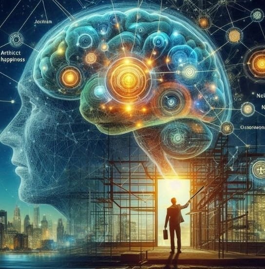 Persona frente a un cerebro iluminado y conectado, rodeado de nodos y redes futuristas. Svitlana Bytka.