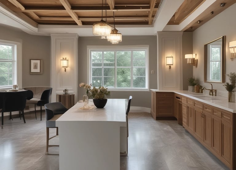 A partially constructed or renovated interior space featuring exposed brick walls and wooden ceilings. A white door is visible in the background next to a red painted wall. A plastic sheet covers furniture on the right side, and there are construction materials scattered across the floor.