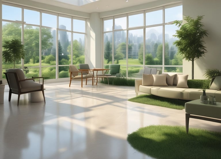 A collection of eco-friendly cleaning products and personal care items laid out on a flat surface. The composition includes bottles of cleaning sprays with silver metallic finishes, glass bottles of essential oils, wooden toothbrushes, a rectangular bar of natural soap, and various cleaning brushes with wooden handles. The arrangement is visually appealing, with shadows adding depth and texture.