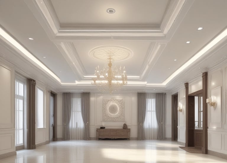 A modern interior space features wooden vertical slats forming partitioned areas, with a partially visible car on the left. The setting has contemporary furniture, including chairs and tables, visible through the slats. The lighting is soft, creating a sophisticated ambiance.