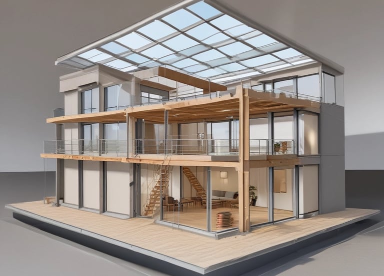 A detailed blueprint and model of a prefabricated house under construction.
