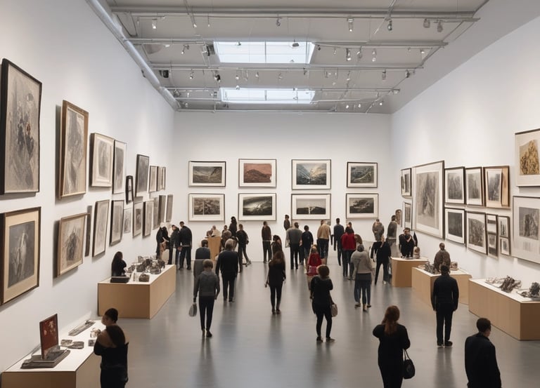 A modern art gallery with wooden flooring and neutral-colored walls, displaying black and white photographs in sleek frames along the walls. The space is well-lit with a combination of natural light from skylights and ceiling-mounted lighting fixtures.