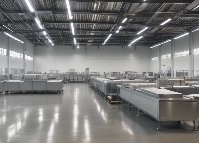 An industrial setting featuring a collection of stacked air conditioning units from various brands. A tall cylinder with hoses wrapped around it stands prominently in the foreground. The setting appears to be a cluttered storage or workshop space, with a partially visible metal roller shutter door on one side.